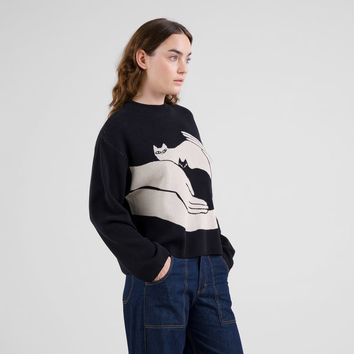 Verspielter trickpulli mit Katzen und Händen in schwarz-weiss Muster.