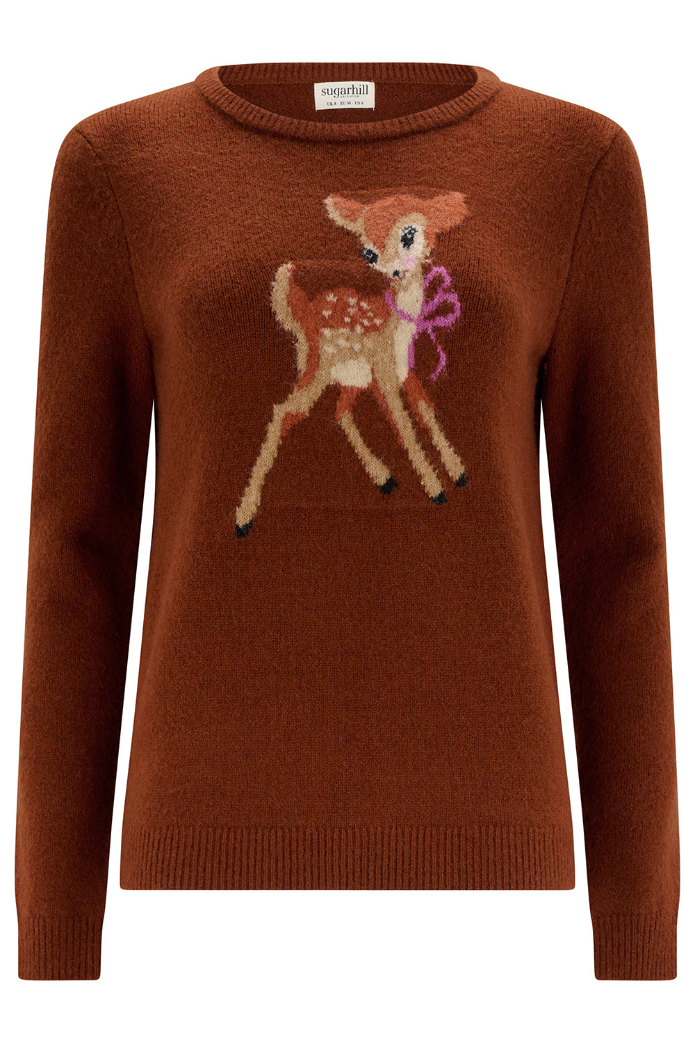 Damen Srickpullover in warmem braun mit süßem Rehkitz im Brustbereich, Bünchen im Loosefit.