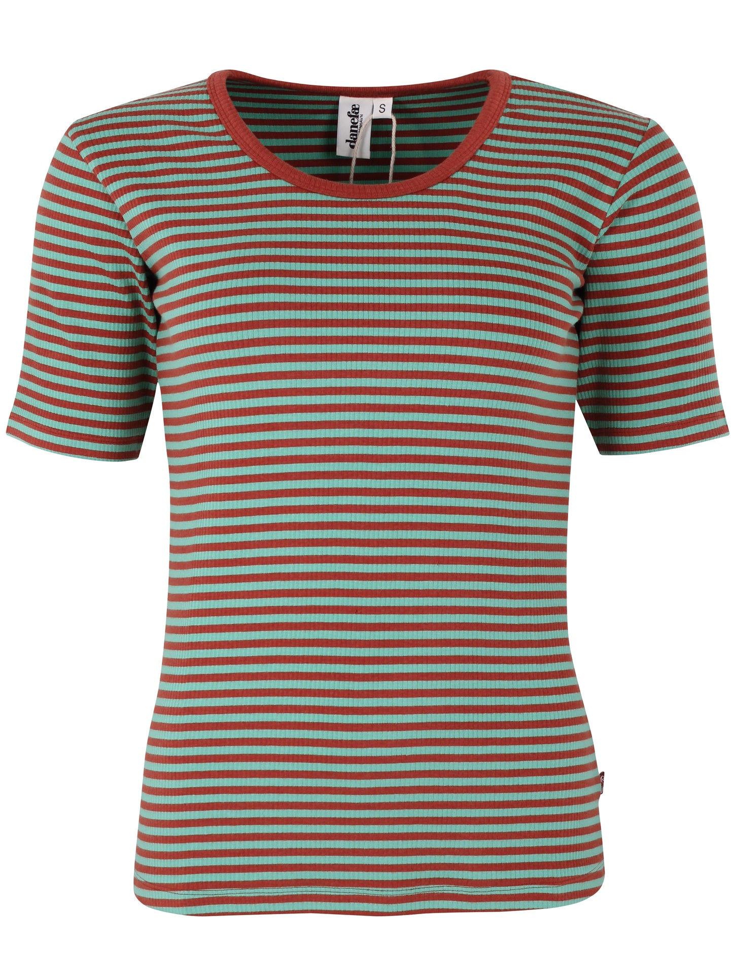 Damen Shirt kurzarm mit Ringeln in mint und rost aus schwerer Rib-Qualität Baumwolle.