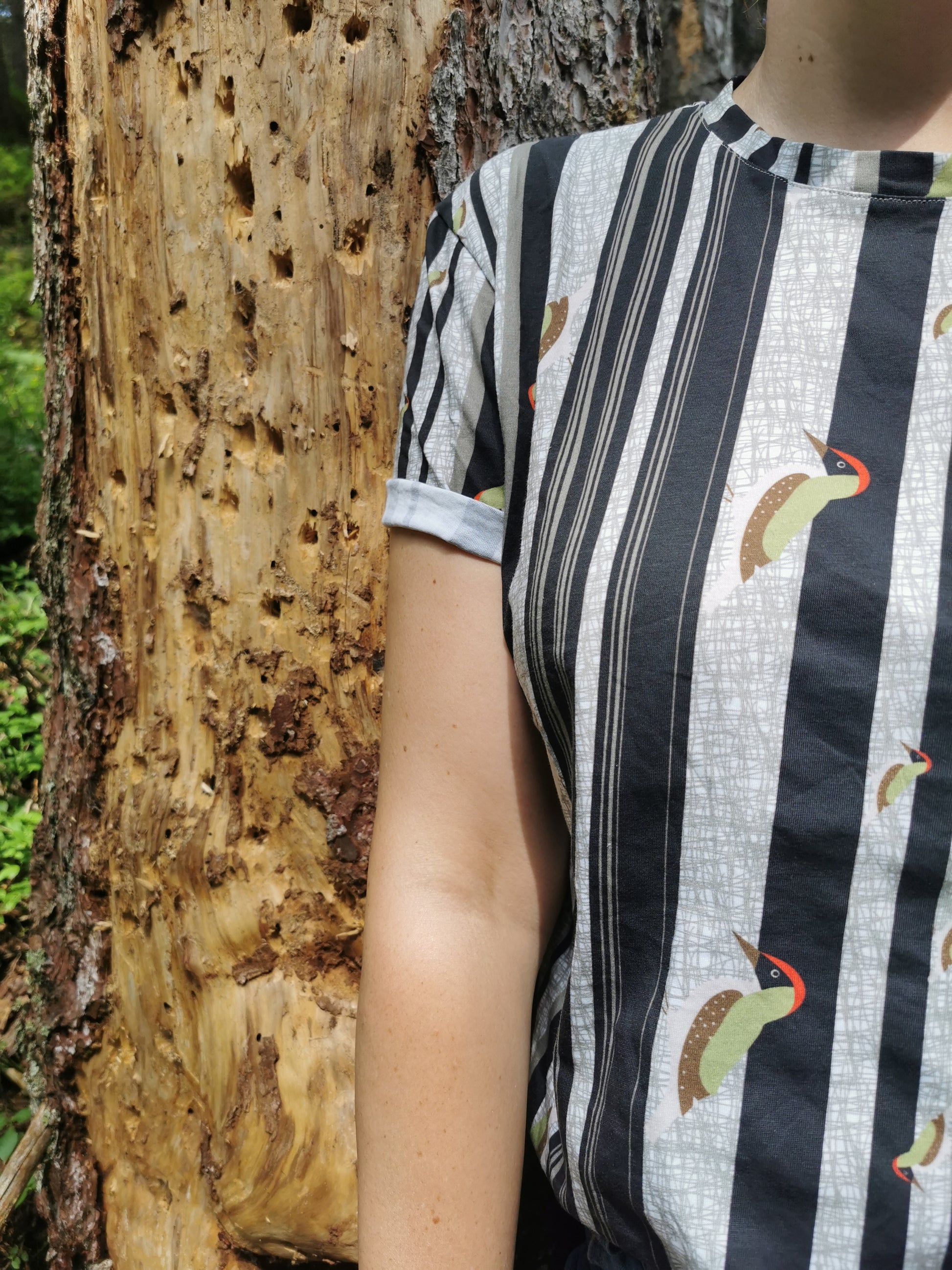T-Shirt aus Biobaumwolle mit Streifenmuster in unregelmäßigen Abständen- die Streifen sind schwarz auf weiß und ein Grünspecht pickt Löcher in die Streifen, witzig, verspielt.