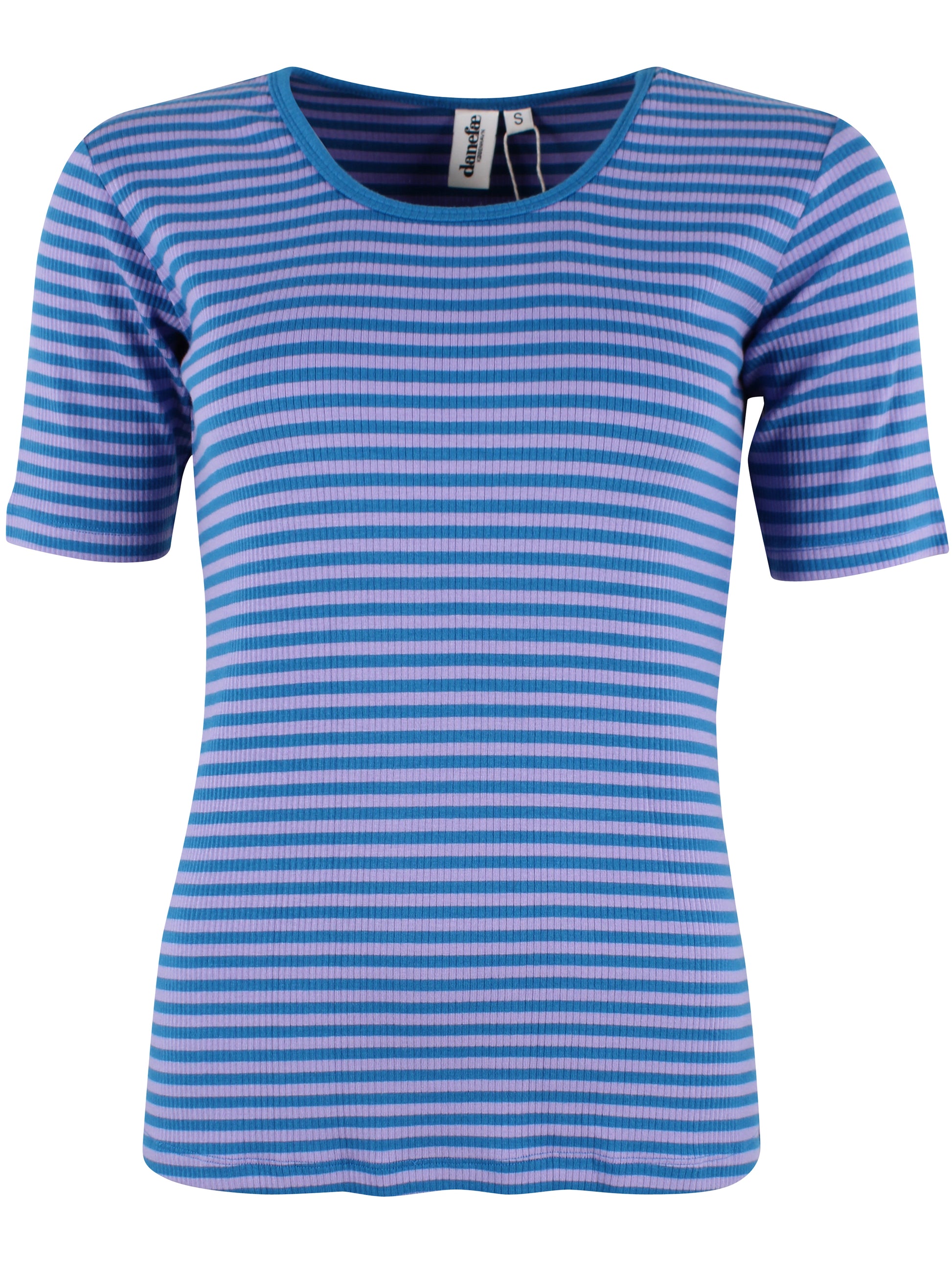 Damen Shirt kurzarm mit Ringeln in blau und lila aus schwerer Rib-Qualität Baumwolle.