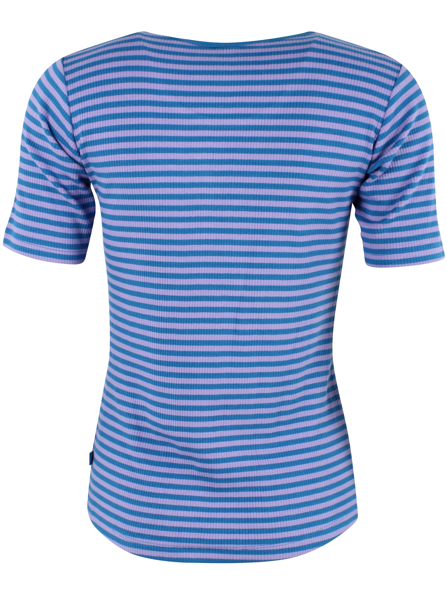 Damen Shirt kurzarm mit Ringeln in blau und lila aus schwerer Rib-Qualität Baumwolle.
