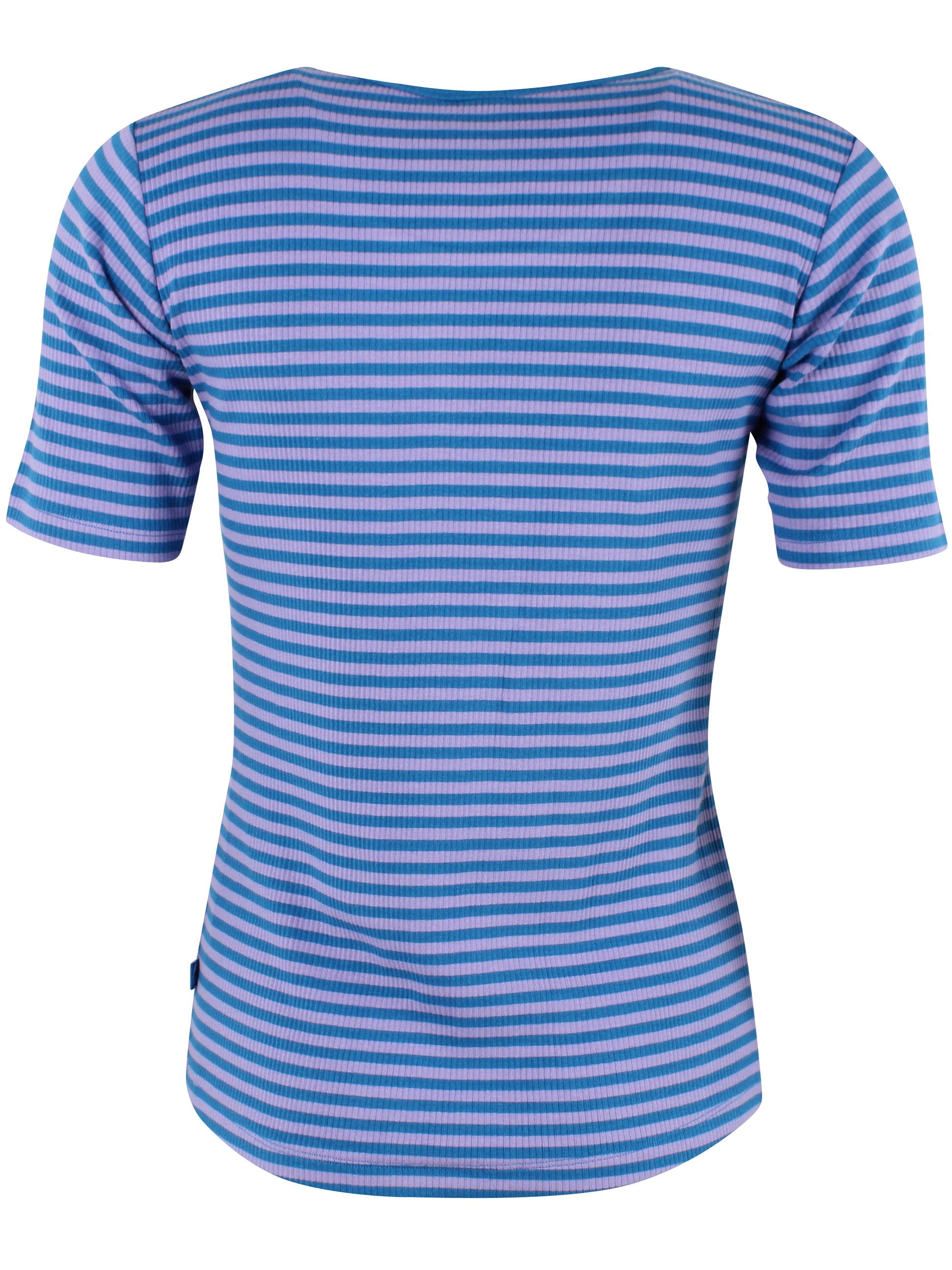 Damen Shirt kurzarm mit Ringeln in blau und lila aus schwerer Rib-Qualität Baumwolle.