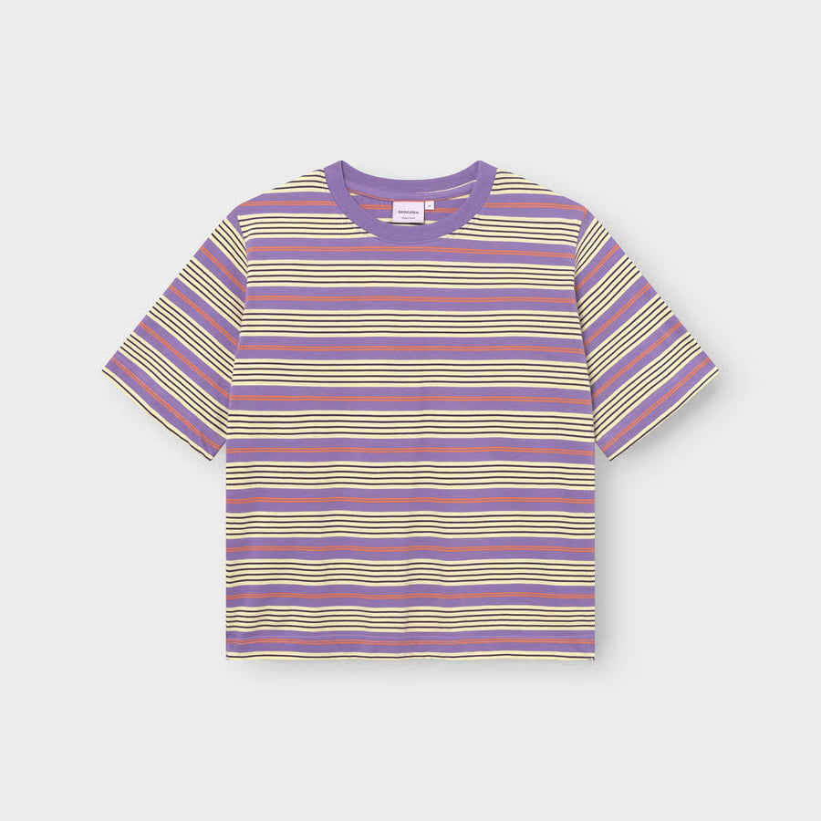 Gerade geschnittenes loose fit T-Shirt mit retro Streifen in lila, beige, rot und schwarz.