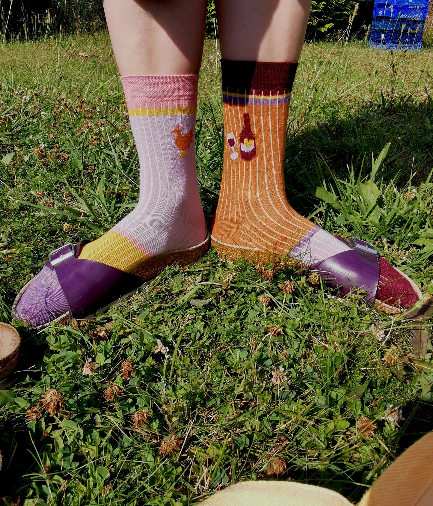 Wein Flasche un Glas auf einer zimt farbenen Socke in Ripp Strick mit colourblock Akzenten in bordeau, lila und gelb.