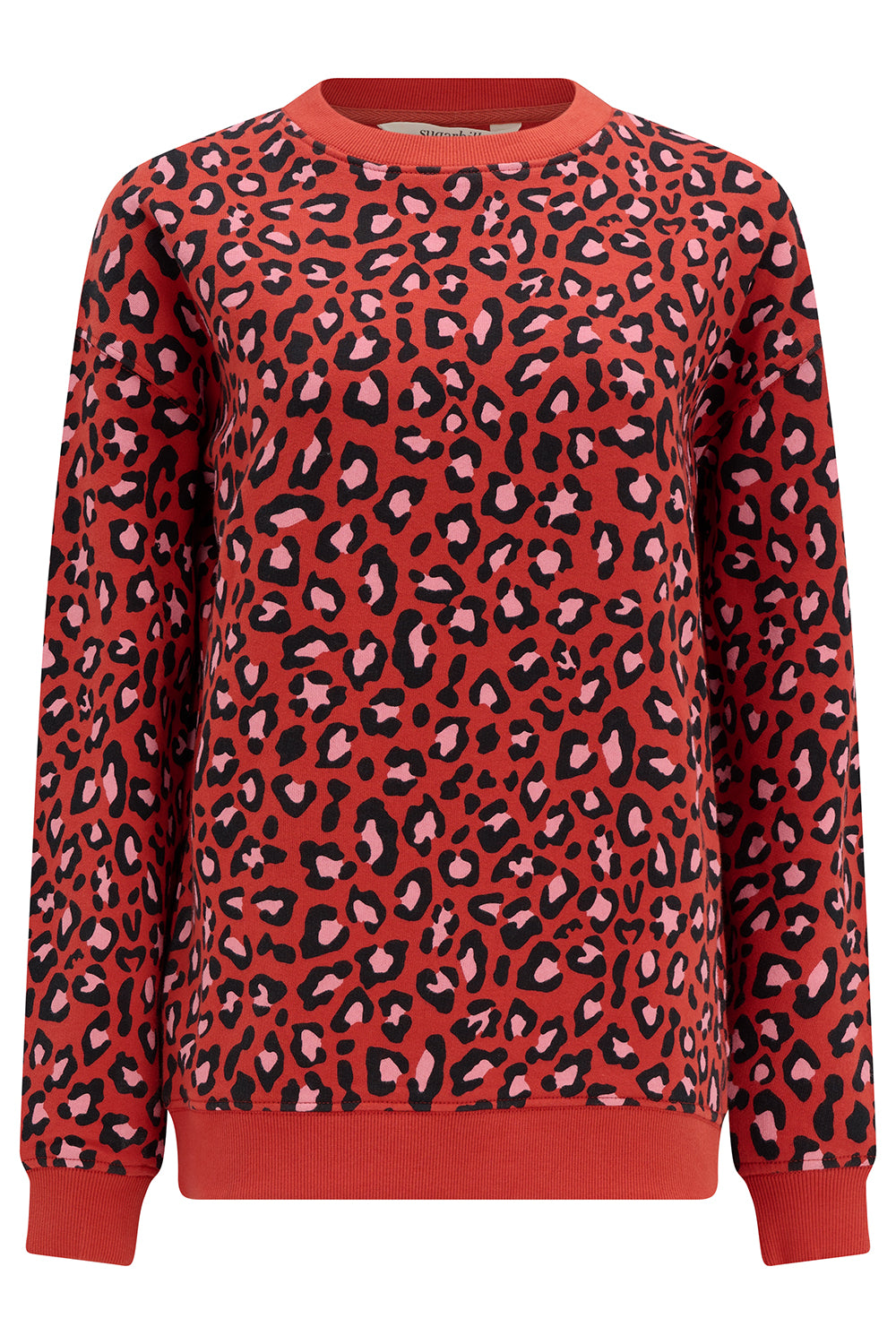 Sweatshirt in Brick Farben mit Leopardenmuster in schwarz und rosa allover, langarm mit Bündchen.