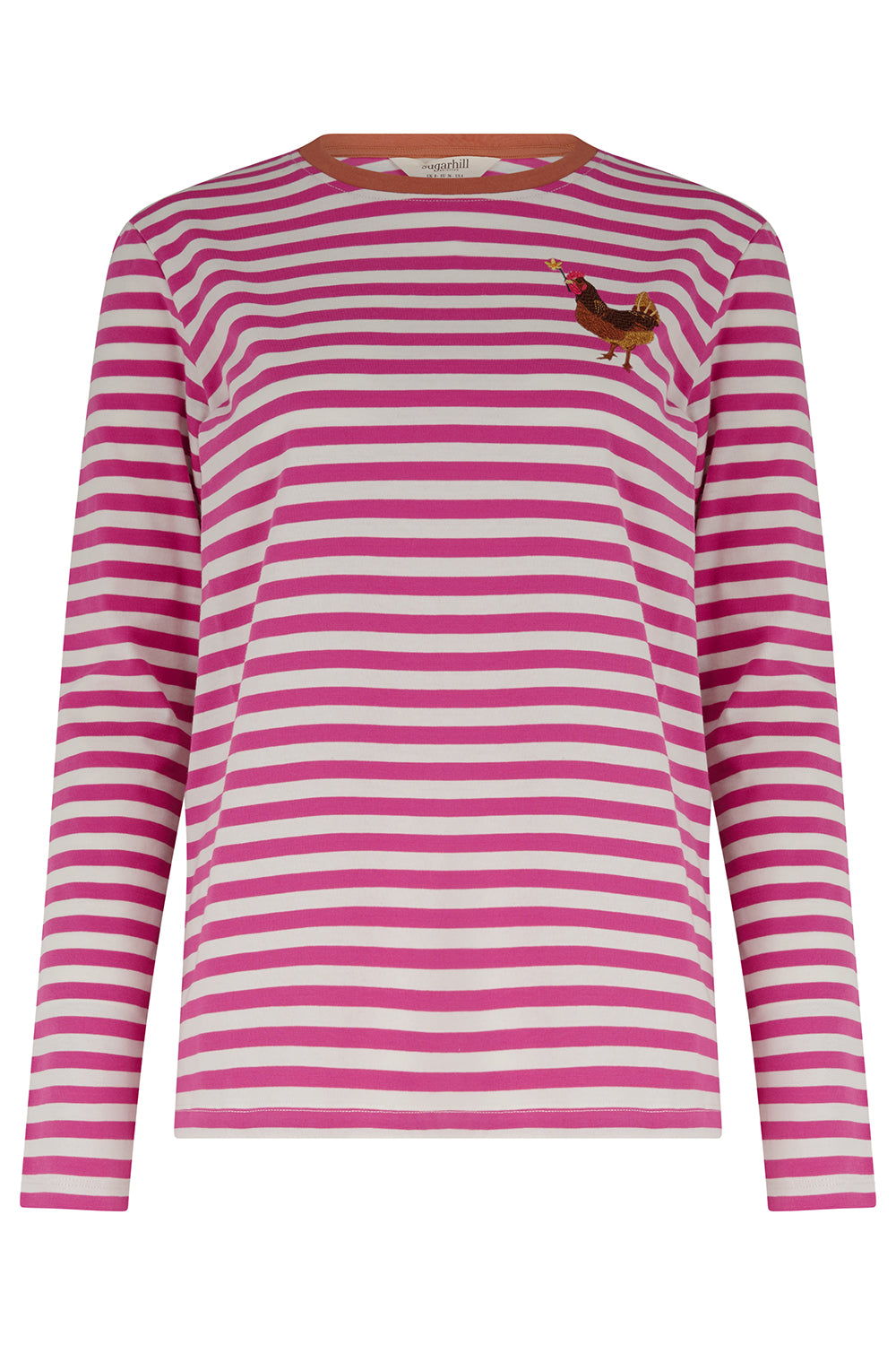 Ringel Longsleeve in weiss und pink gestreift mit gesticktem Huhn in braun im Brustbereich aus weicher Biobaumwolle.