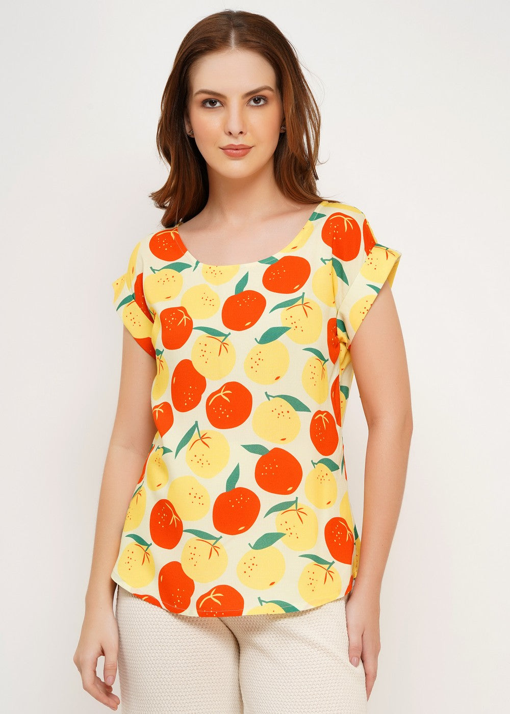 Damen Top mit frischem Orangendruck in weich fallender Viscose, gelb. orange und grün, für die Sommerlaune.