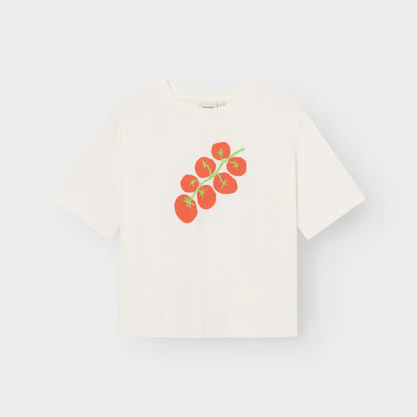Loose Fit Damen T-Shirt, kurz, trendy in natur weiss mit Tomatenrispe als Druck im Brustbereich in rot und grün, bio und fair.