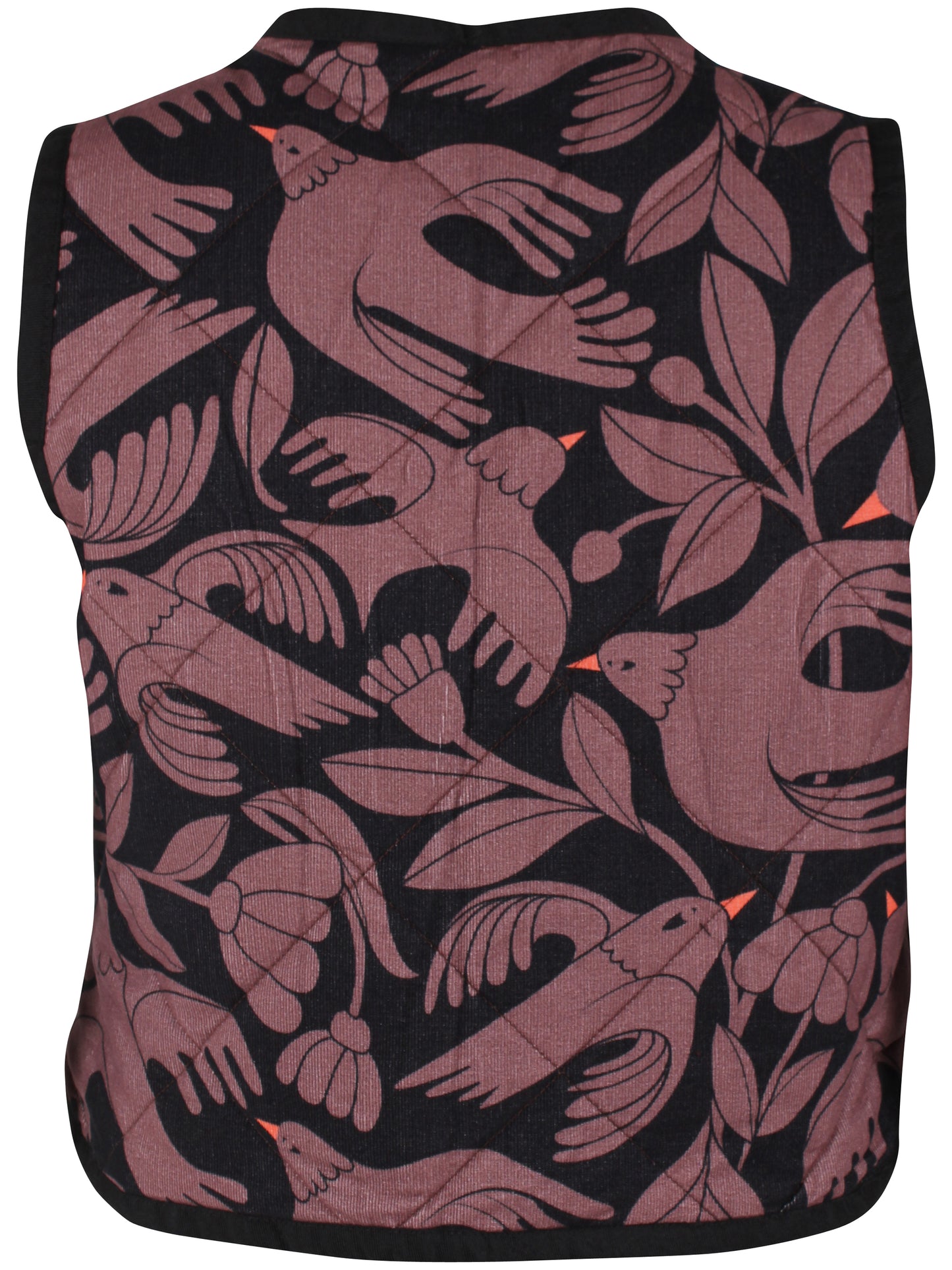 Ärmellose, wattierte Weste aus Kord mit wunderschönem Vogelprint und Blumen, gehalten in den Farben Lila und dunkelblau mit kleinsten orange Akzenten.