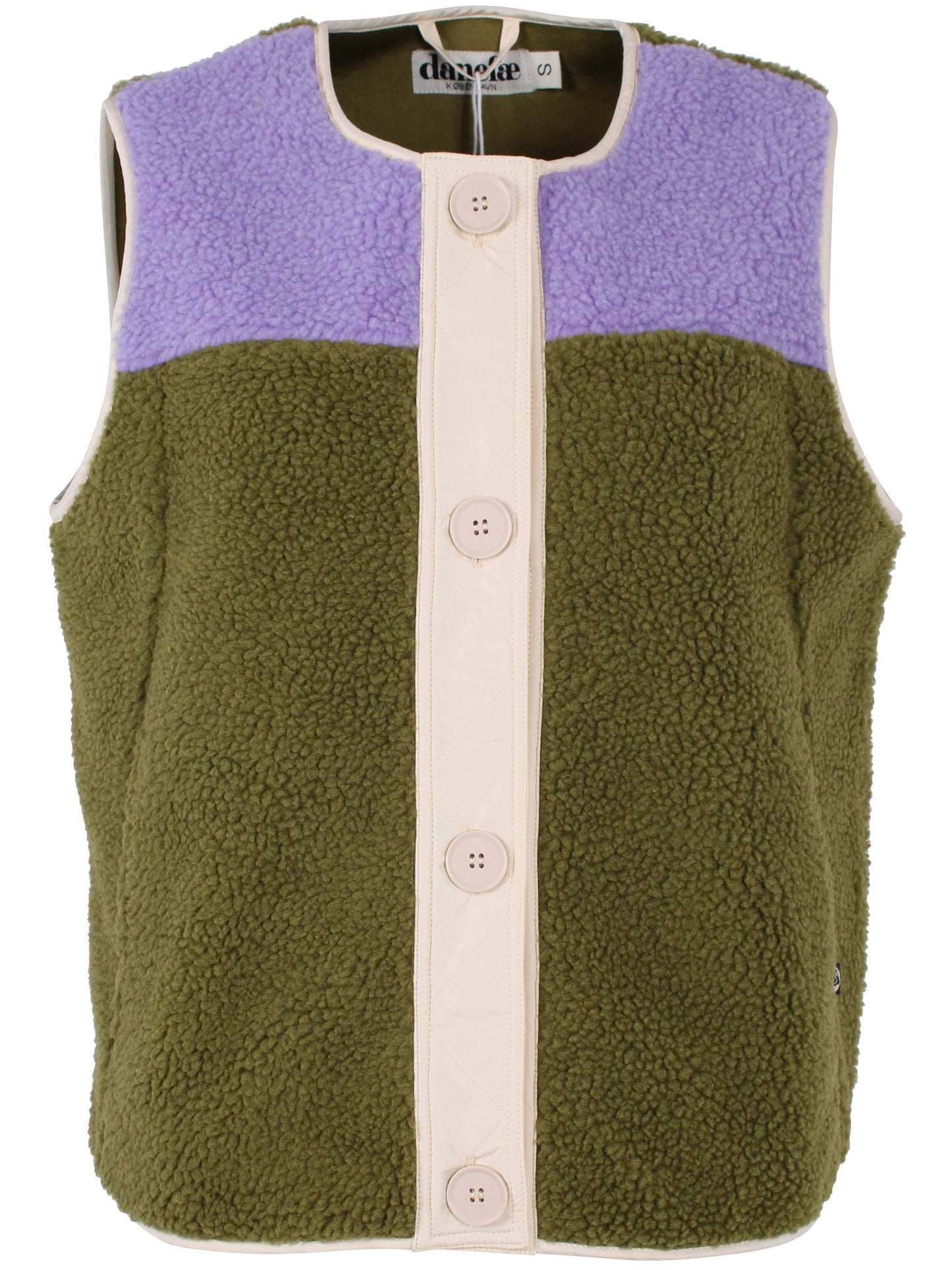 Fleece Weste im trendy Colourblock, lila und olive mit Knopfblende in Beige.