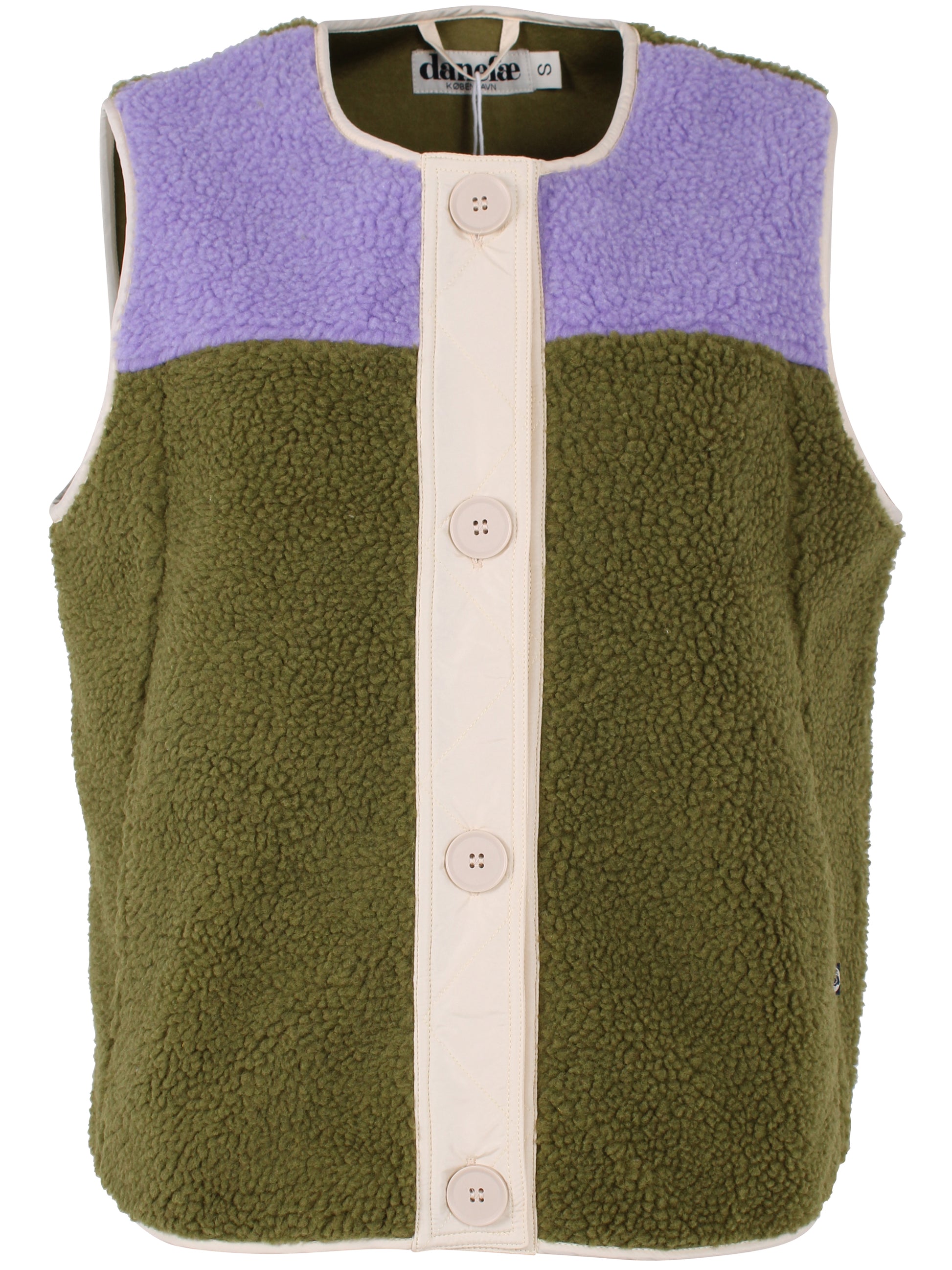 Fleece Weste im trendy Colourblock, lila und olive mit Knopfblende in Beige.