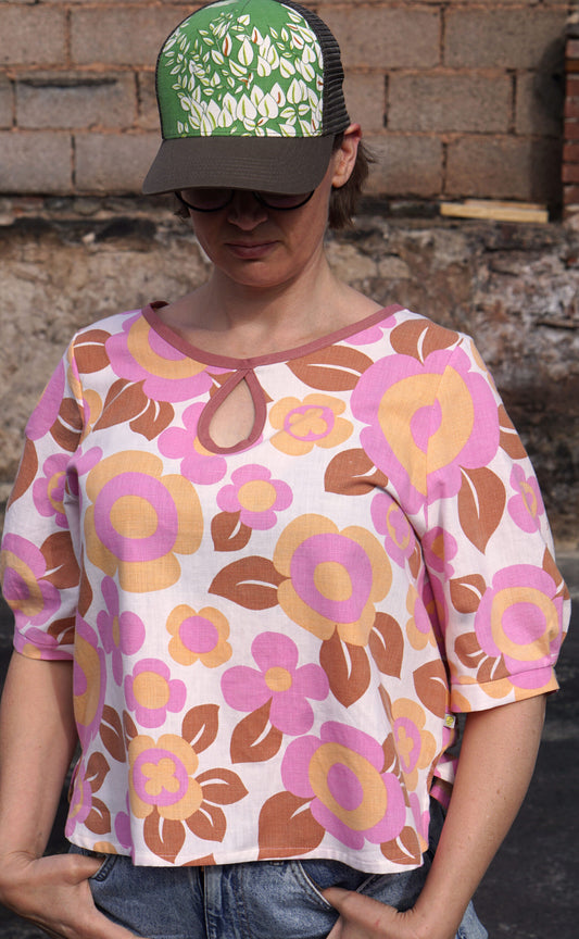 RETRO cotton blouse pink/brown floral LIMITED by Fräulein Prusselise