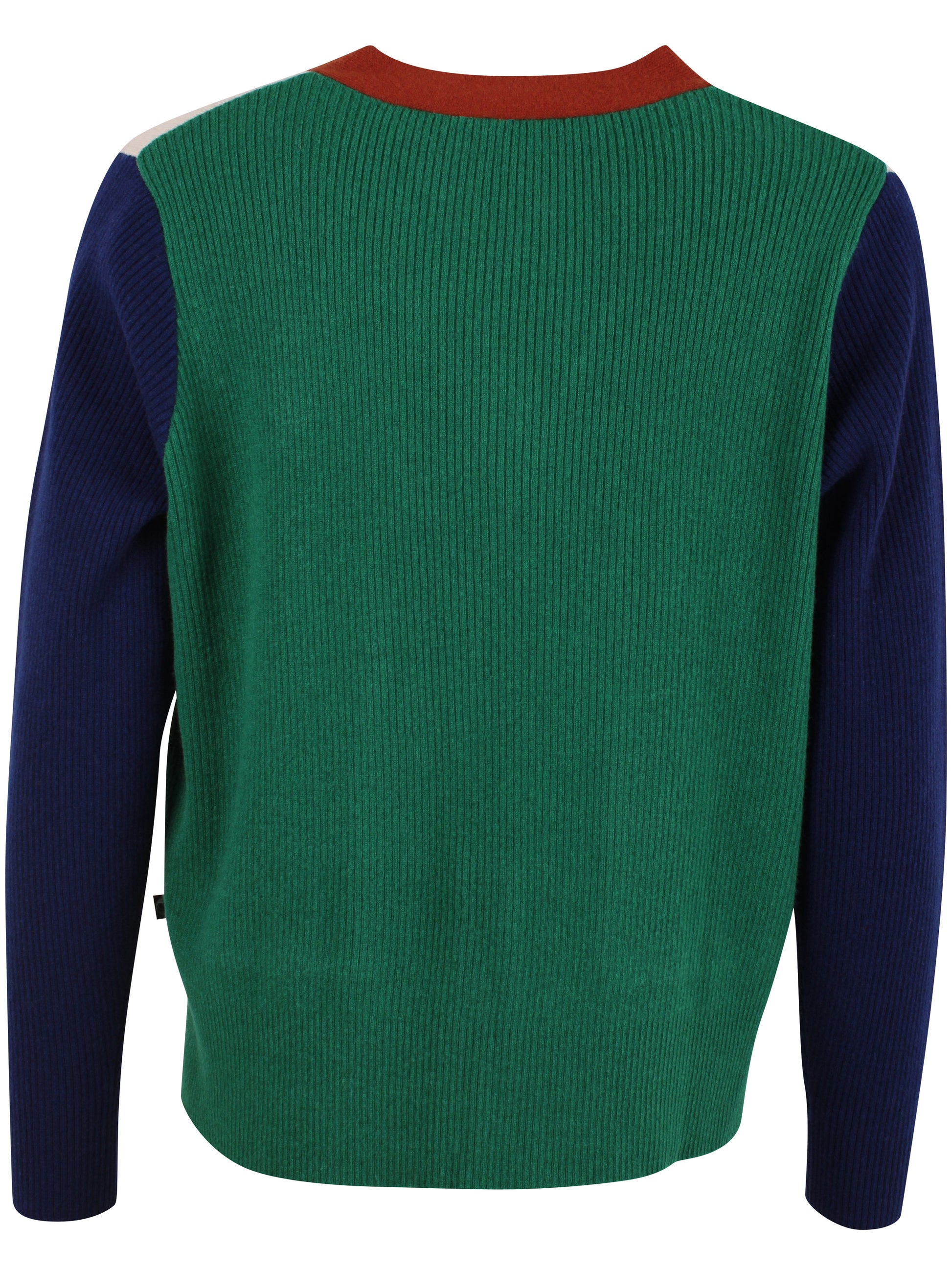 Kassischer, geknöpfter Cardigan mit V-Ausschnitt im Colourblock mit blau Ärmeln, grün Rücken und cremeweiss Vorderteil, die kleinen Aufsatztaschen frontal sorgen dann in Pink mit Prilblume fürs Abrunden des herrlichen Retro Charme, Merinowolle sorgt für Wertigkeit dazu.