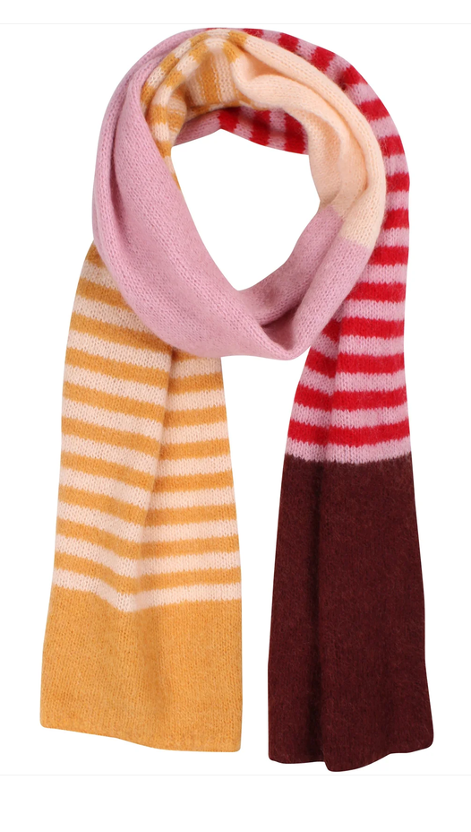 Der wollig-weiche Schal ist ein echter Farbklechs zu jeder tristen Winterjacke, mit bordeaux, rosa, rot und gelb macht er Lust auf Farbe.
