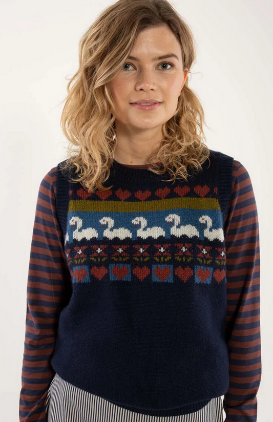 Süßer Damenpullunder aus Grobstrick in dunkelblau, bordeau mit Herzchen und Schwänen im Brustbereich.