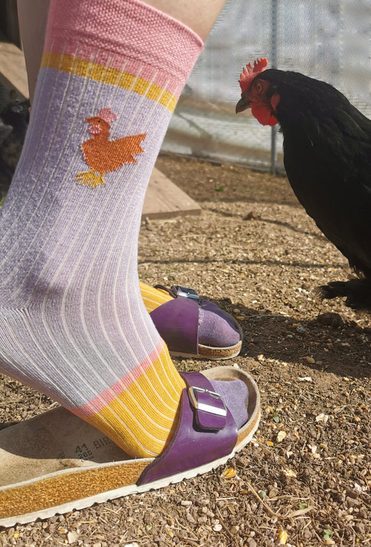 Kleiner Huhn auf Rippstrck Socke in lila mit colourbock Akzenten on gelb und rosa.