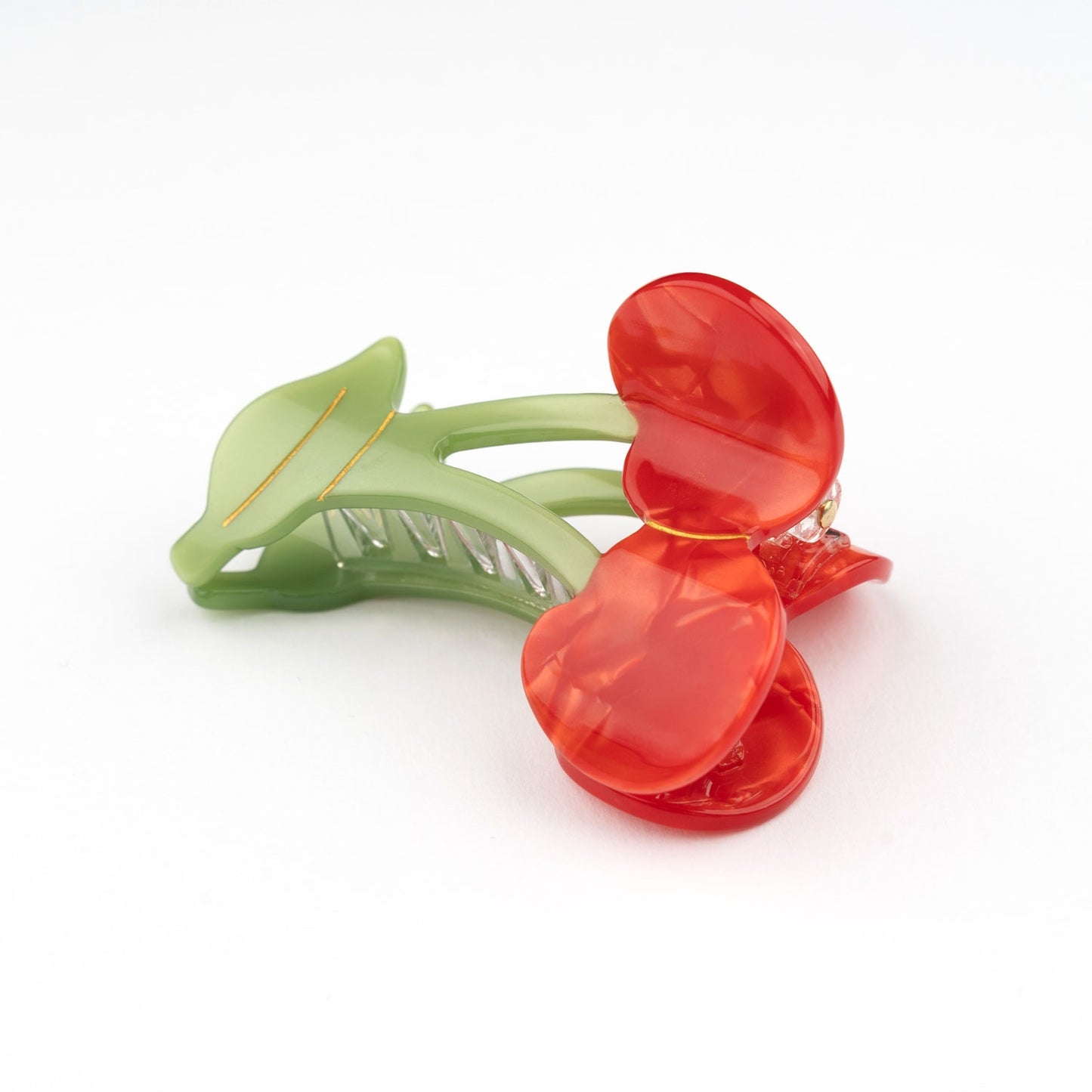 Tolle Haarspange in Form einer Kirsche mit schimmerndem rot und gruen. Ideal für etwas fruchtiges im Haar.