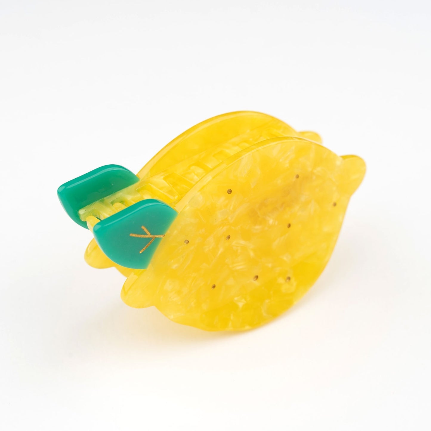 Frische gelbe Zitronen Haarspange aus Zellulose Acetat mit schimmernder Struktur 