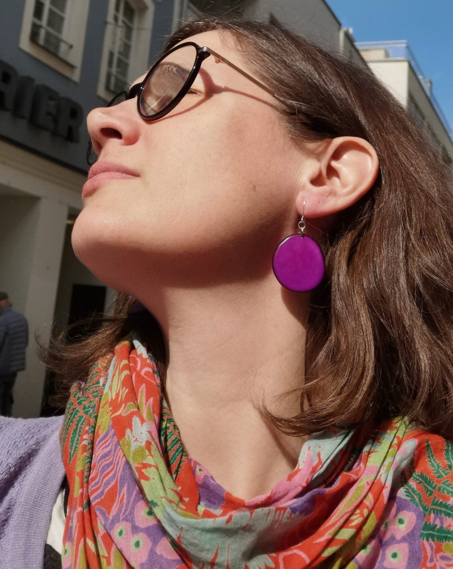 Fair trade earrings made of Tagua nut purple by Mekhada