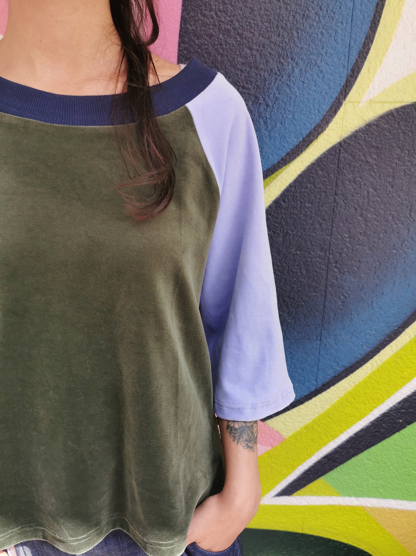 Weiches Nicky Top Colourblock in Farben Olive/Flieder von Fräulein Prusselise