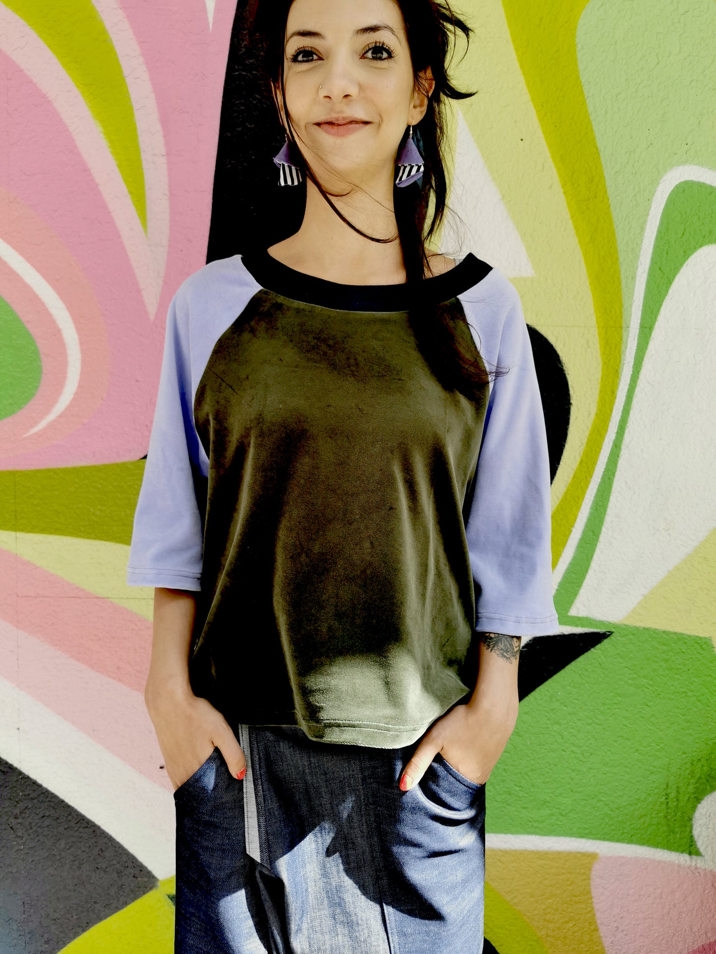 Weiches Nicky Top Colourblock in Farben Olive/Flieder von Fräulein Prusselise