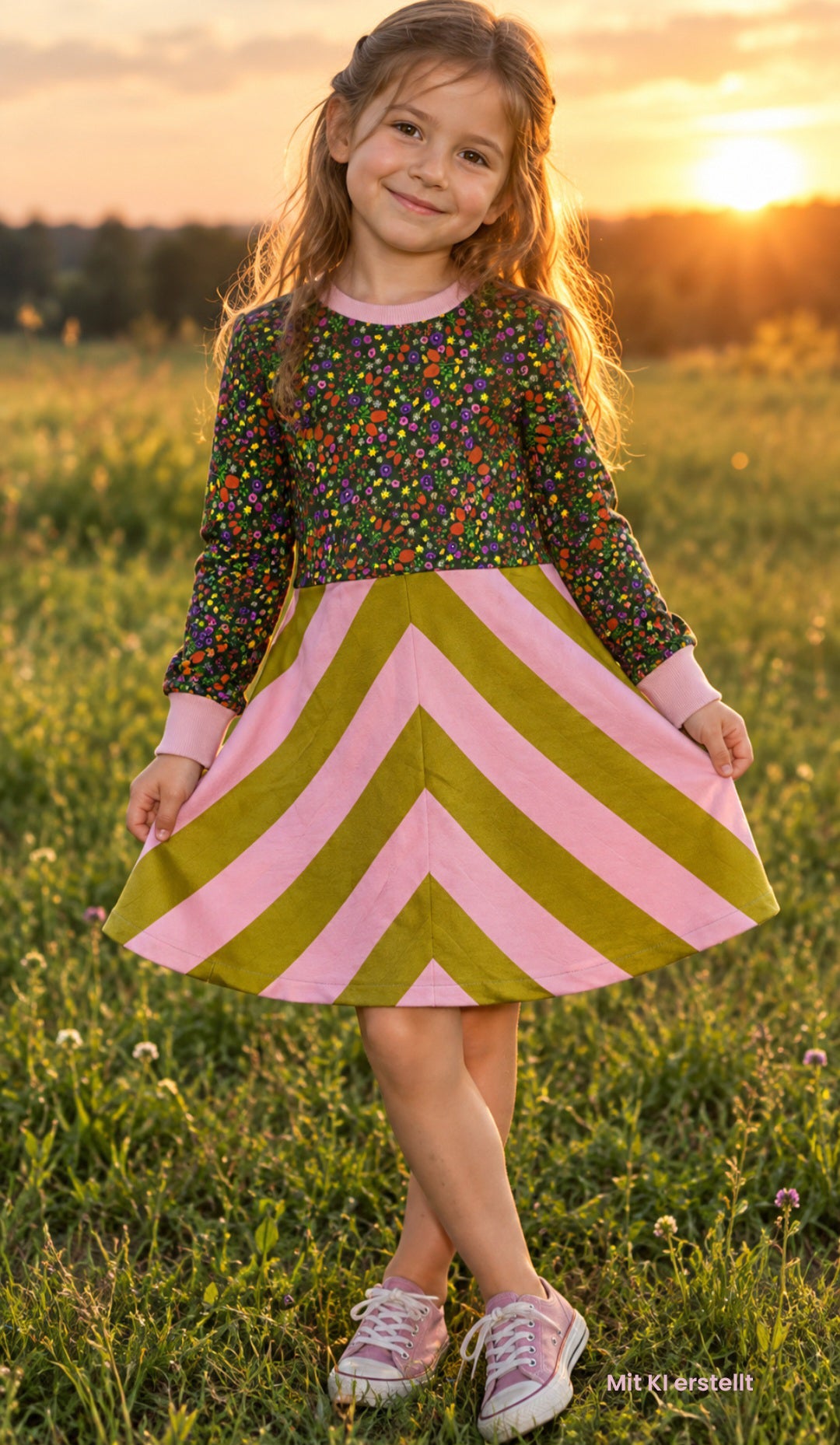 Kinderkleid mit Rockteil im Blockstreifen und Oberteil in multicolour Millefleurs, die Hauptfarben sind kiwi und rosa, lange Ärmel und rosa Bündchen.