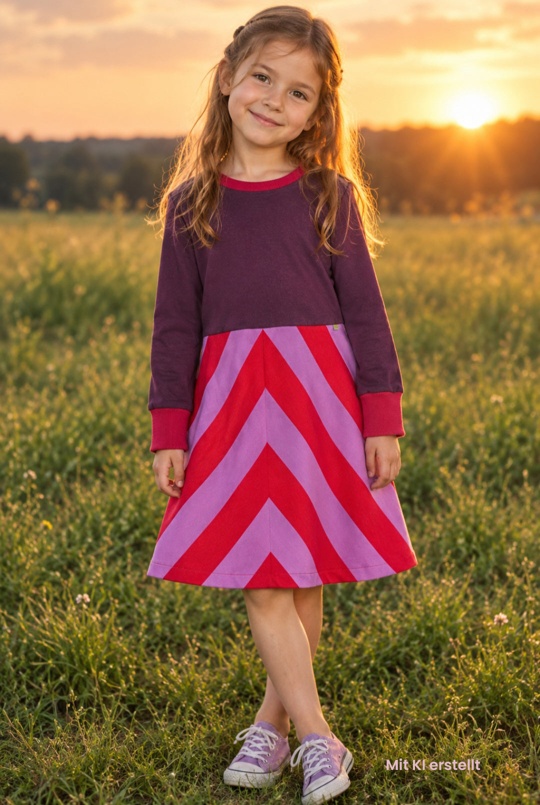 Kinderkleid mit gestreiftem Rockteil und einfarbigem Oberteil in lila, der Rck ist rot und lila gestreift.