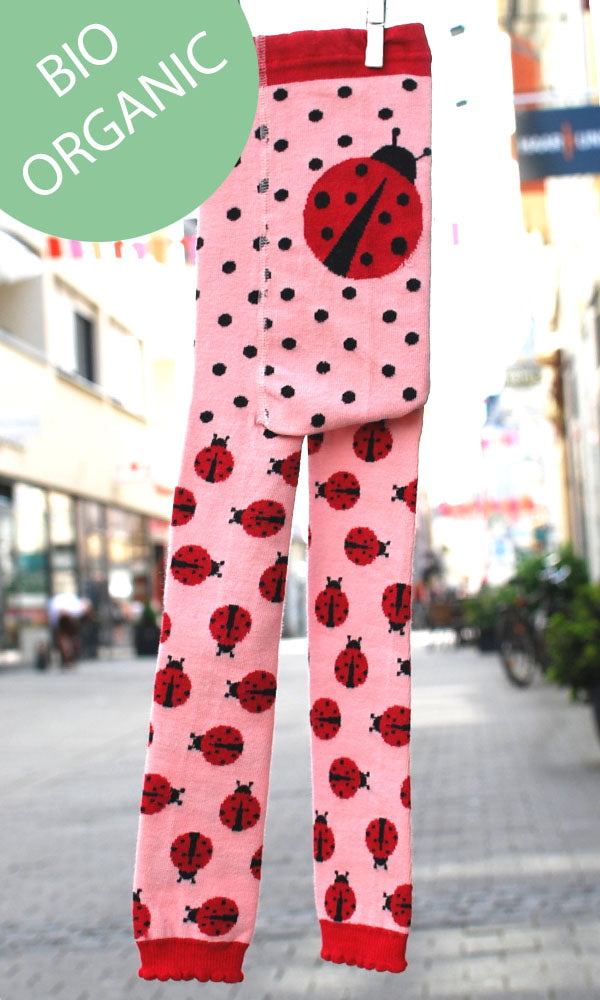 Süsse Leggins aus Biobaumwolle in ros, rot und schwarz mit Marienkäfern und unkten.