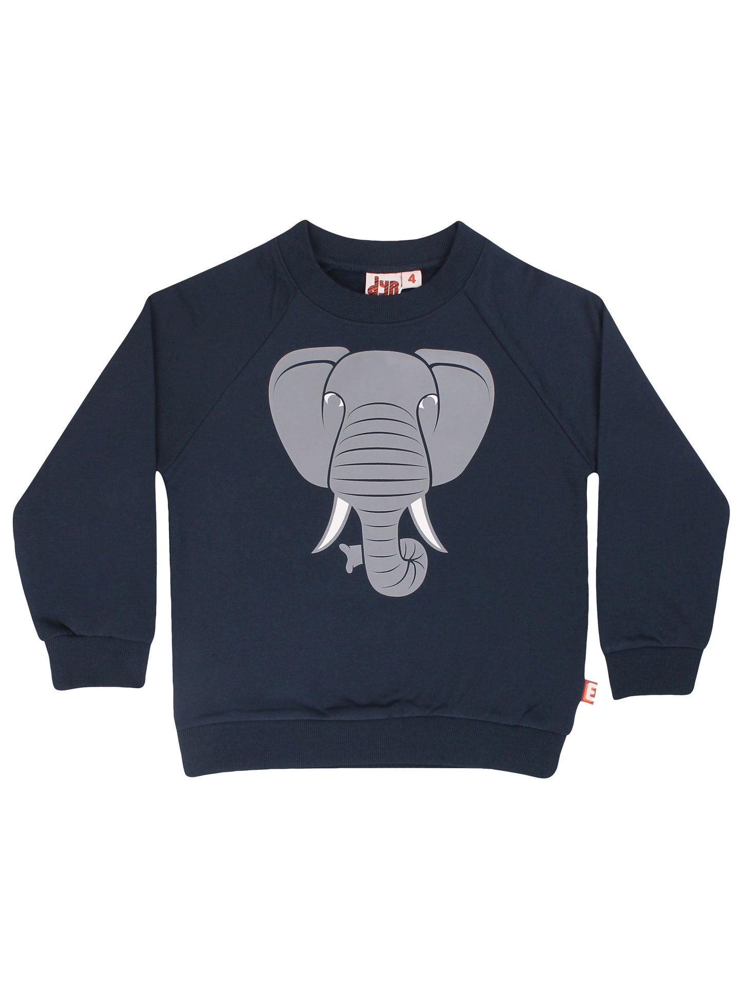 Kinder Sweatshirt von DYR mit Elefantendruck in grau auf Navy Sweater.