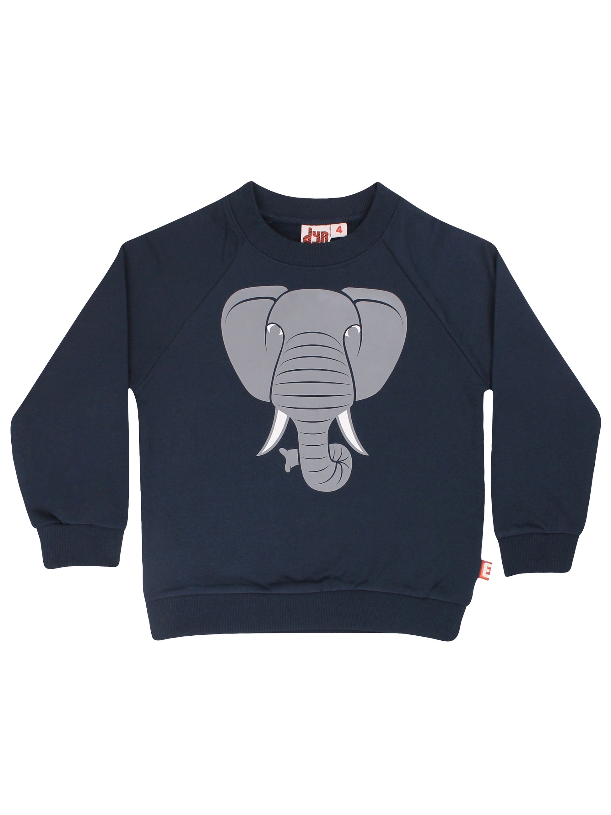 Kinder Sweatshirt von DYR mit Elefantendruck in grau auf Navy Sweater.