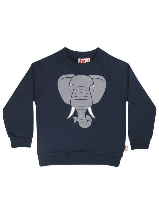 Kinder Sweatshirt von DYR mit Elefantendruck in grau auf Navy Sweater.