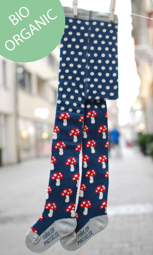 Kinder Strumpfhose in rot,blau,grau mit süßen Fliegenpilzen und Punkten im Bauchbereich