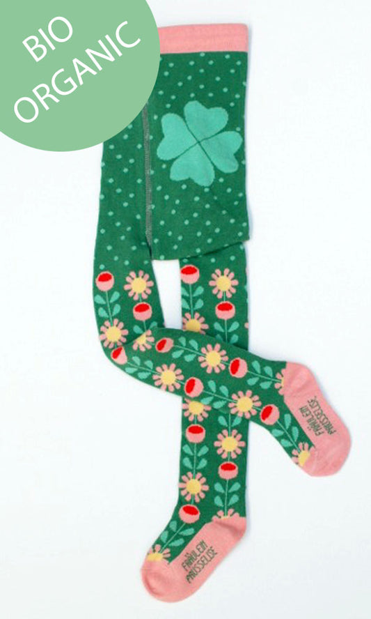 Kinderstrumfhose aus Biobaumwolle mit süßen Retrolumen und Kleeblatt auf dem Popo, kleine Punkte im Bauchbereich und verstellbarer Bund.