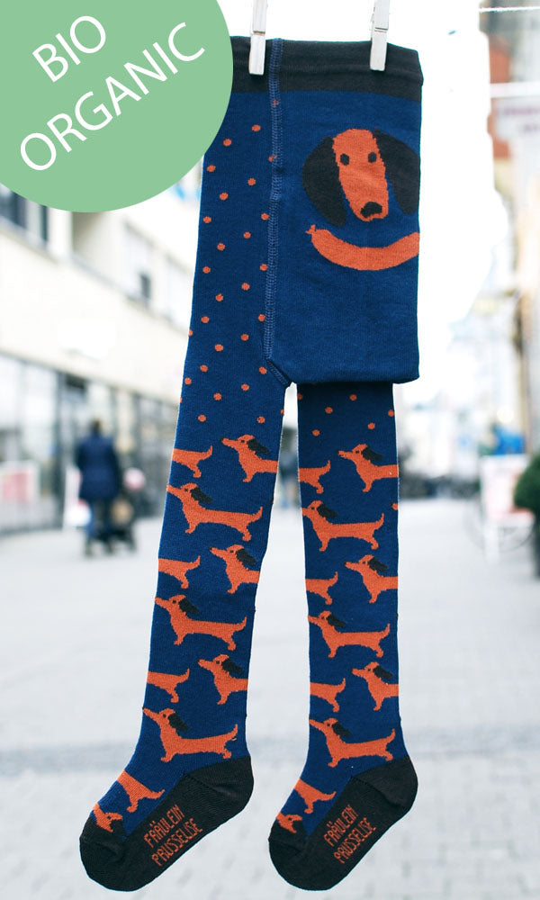 Kinder Strumpfhose mit Dackelmotiv, blau und orange, cute und verspielt