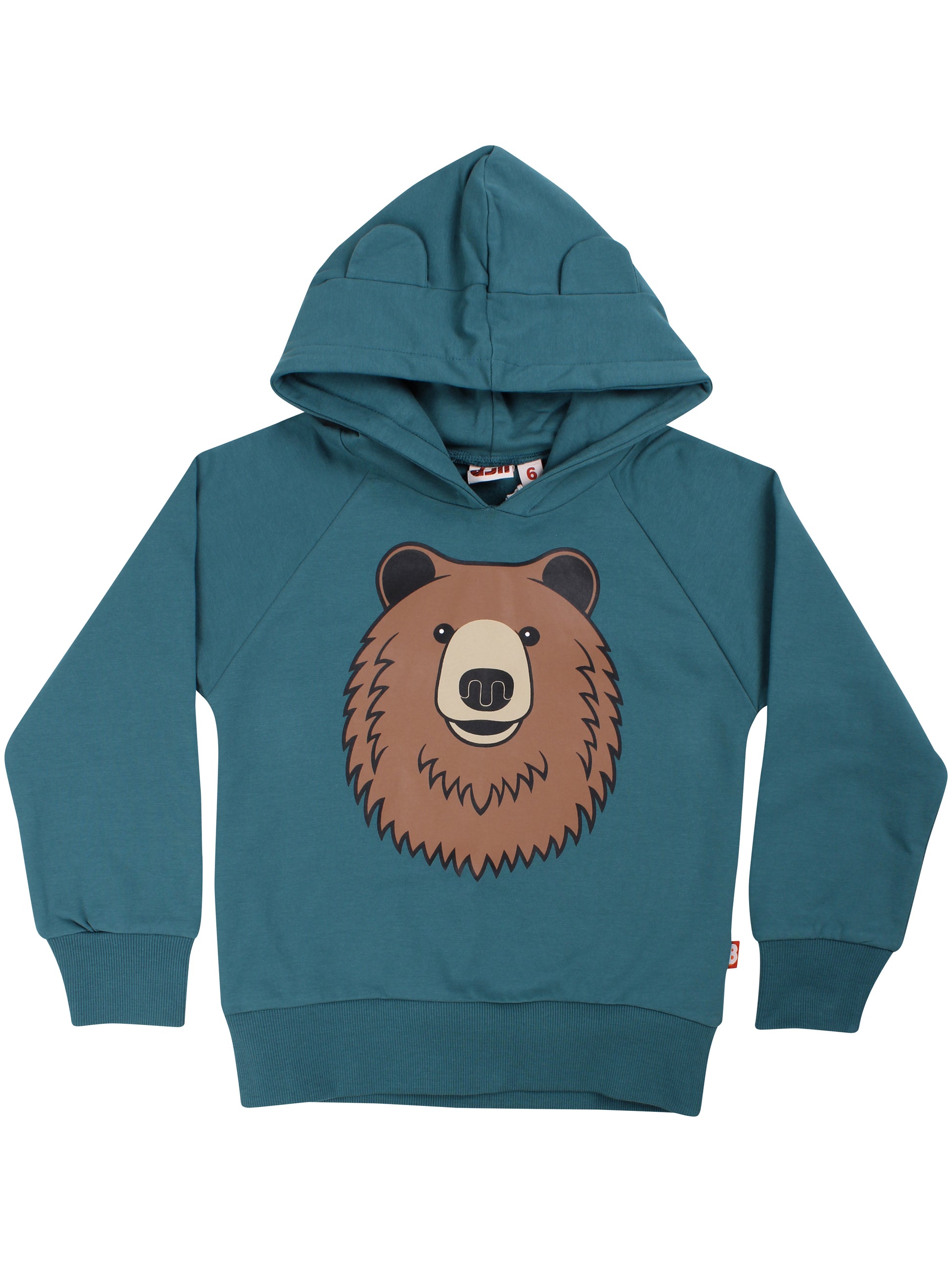 Kindersweatshirt in Petrolblau mit Kapuze und Bärenaufdruck frontal