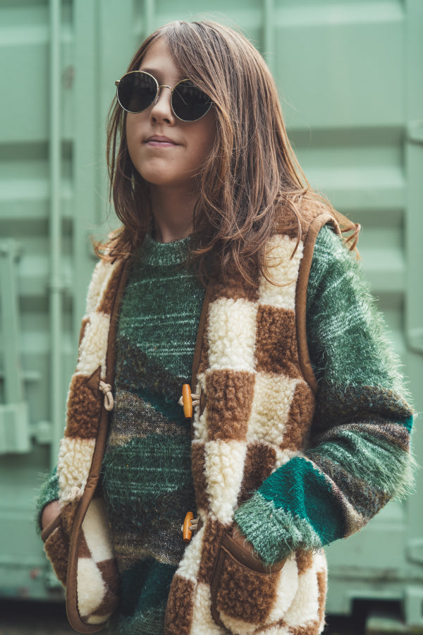 Weste aus weicher Wolle mit Karodruck im Teddyfleece in beige und braun.