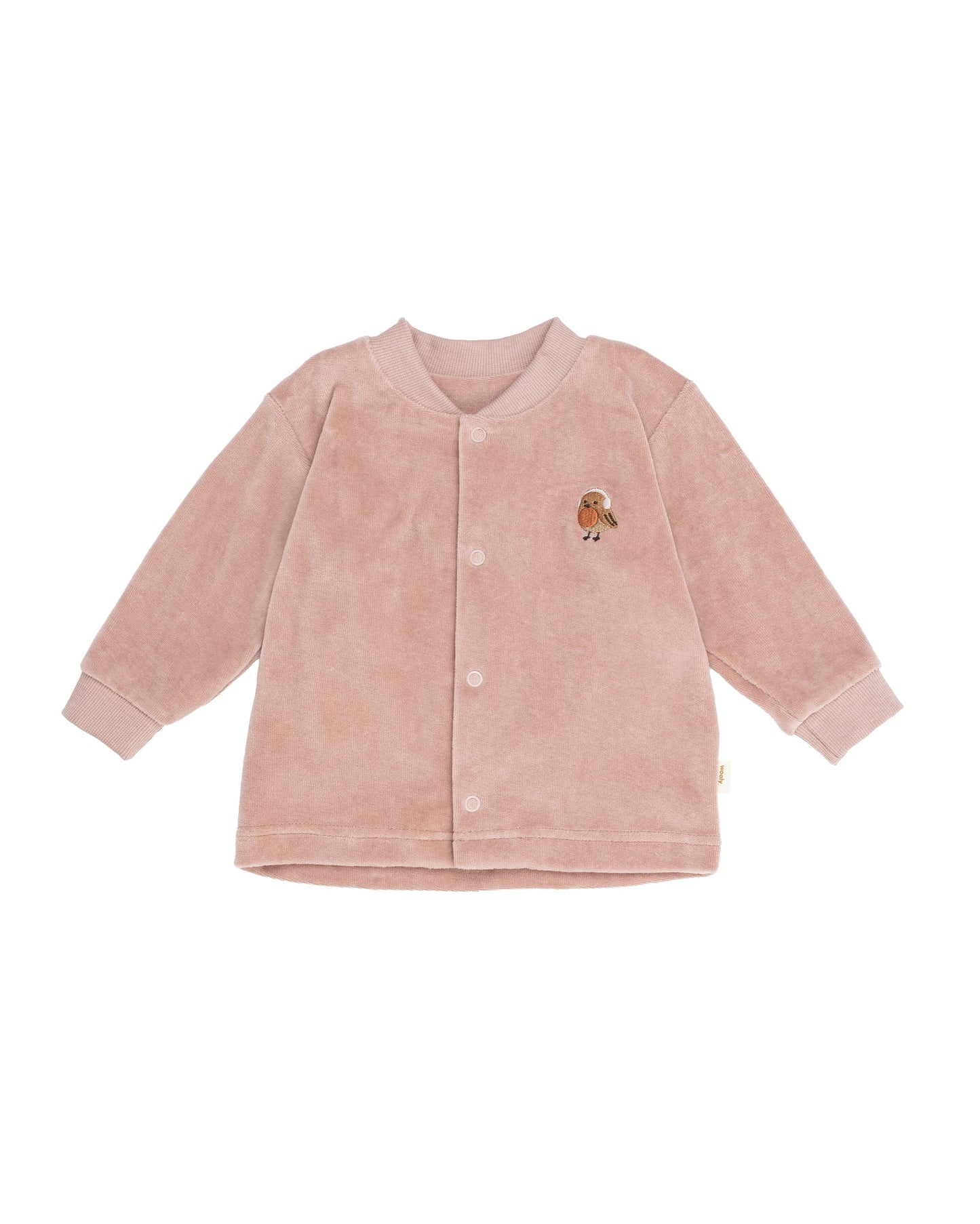 Baby Jacke/Pulli mit Vögelchen Stickerei rosewood in rosé von Wooly Organic