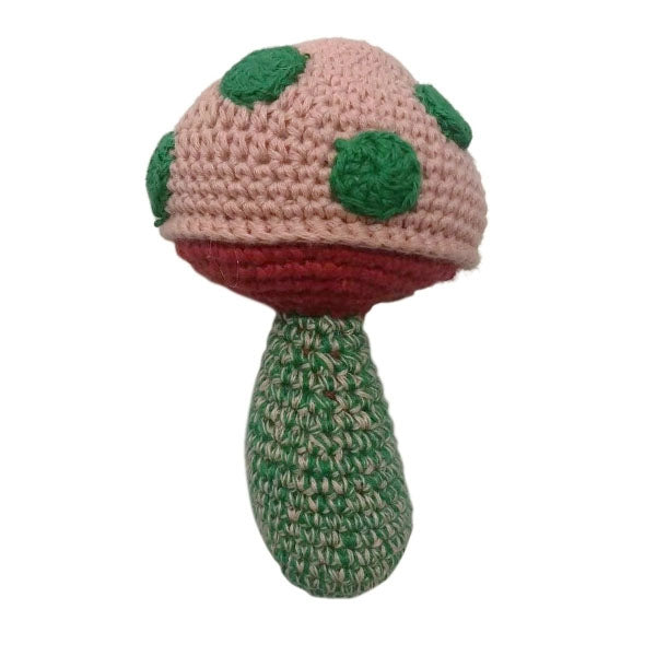 Suesse Rassel in Pilzform per Handarbeit gehaekelt, in zartem rosa, froschgruen und weinrot.