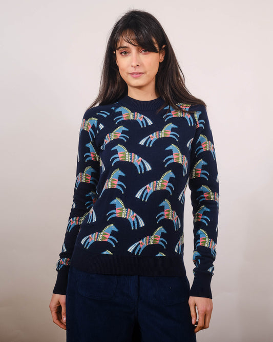 Strickpullover aus Biobaumwolle mit süßem Pferdchenmuster in trendy Retrofarben, schmale Passform.