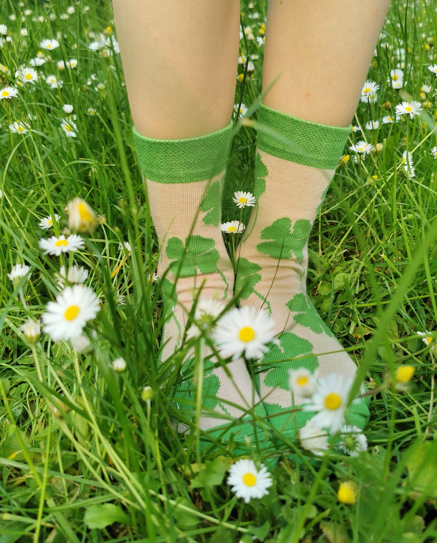 Prusselise Kindersocken mit tollem Glueckskleemotiv in gruen und beige.