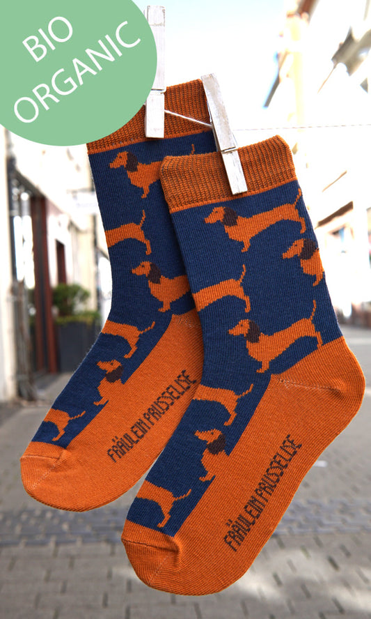  Prusselise Socken mit tollem Dackelmotiv in blau und braun. Ideal fuer Hundeliebhaber.