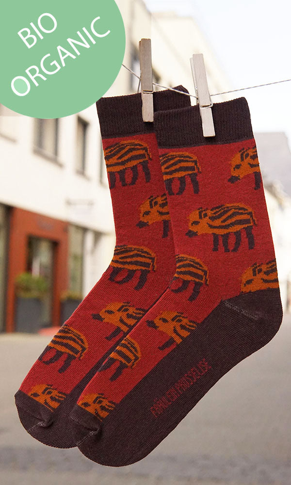  Prusselise Damensocken mit tollem Frischlingmotiv in rost und braun.