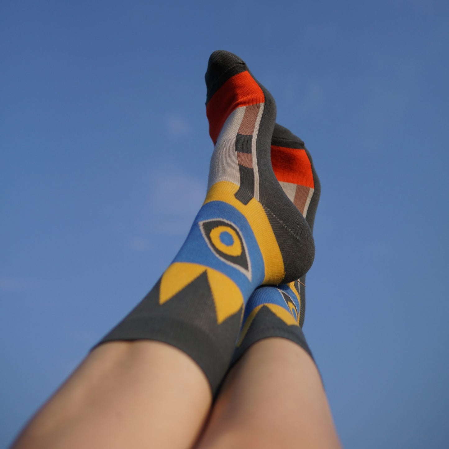 Tolles Tragefoto von den Prusselise multicolor Damensocken mit coolem Inkamotiv.