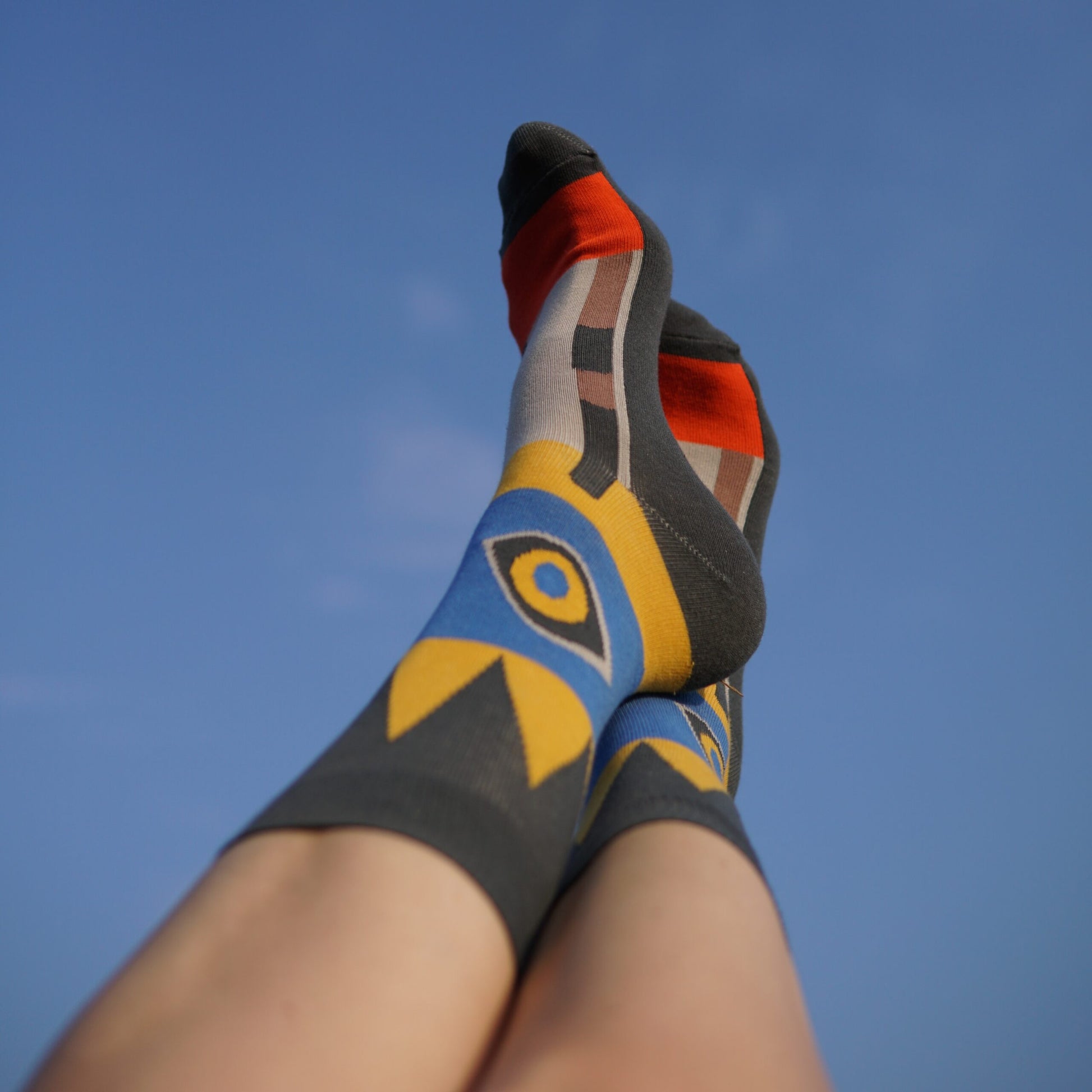 Tolles Tragefoto von den Prusselise multicolor Damensocken mit coolem Inkamotiv.