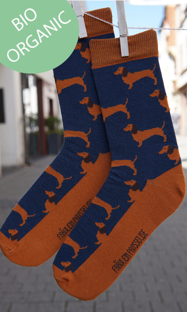  Prusselise Socken mit tollem Dackelmotiv in blau und braun. Ideal fuer Hundeliebhaber.