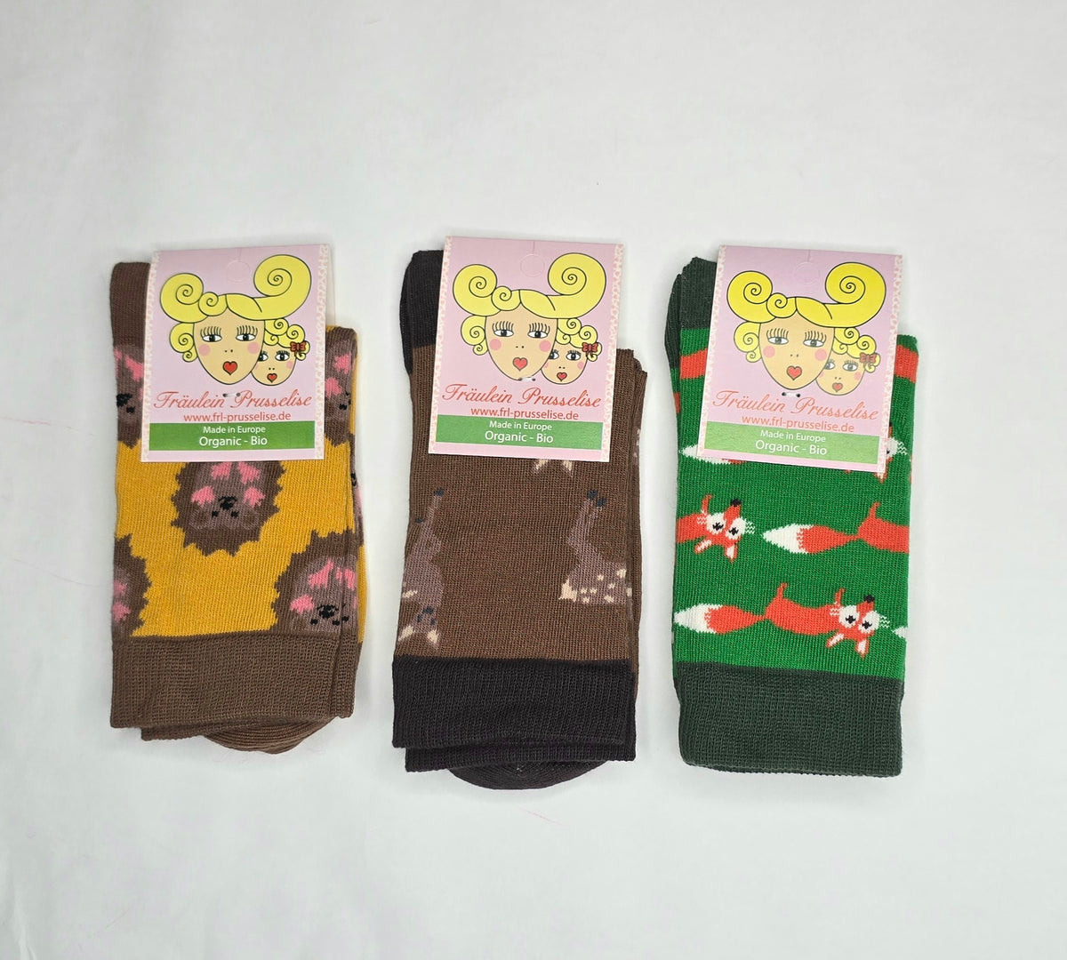 Sockenpack aus drei Waldtier Socken, Igel, Reh und Fuchs.