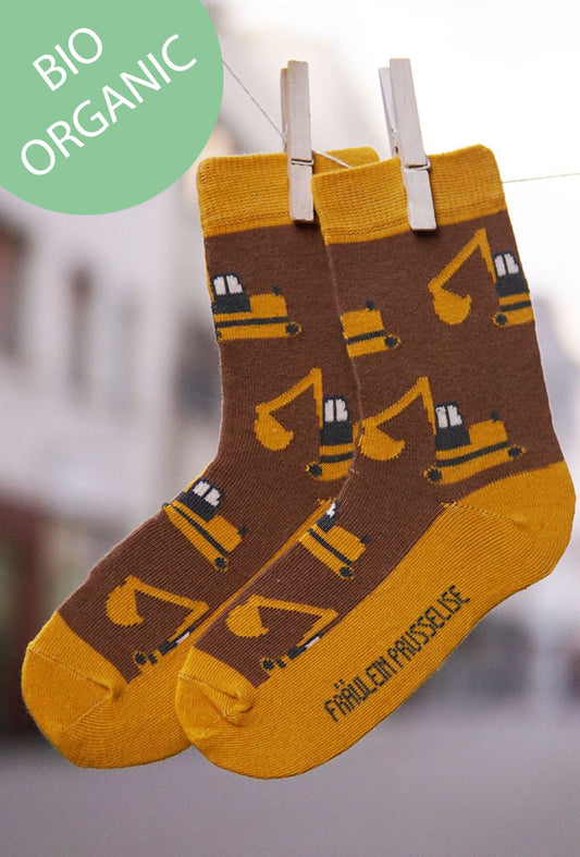 Prusselise Kindersocken mit tollem Baggermotiv in gelb und braun.