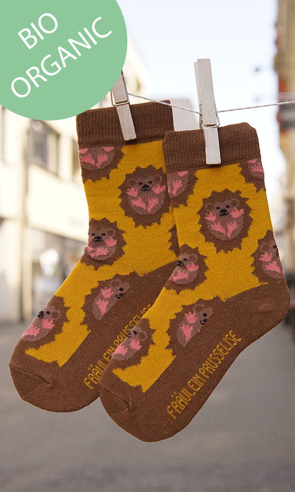 Prusselise Kindersocken mit schoenem  Igelmotiv in braun und gelb. 