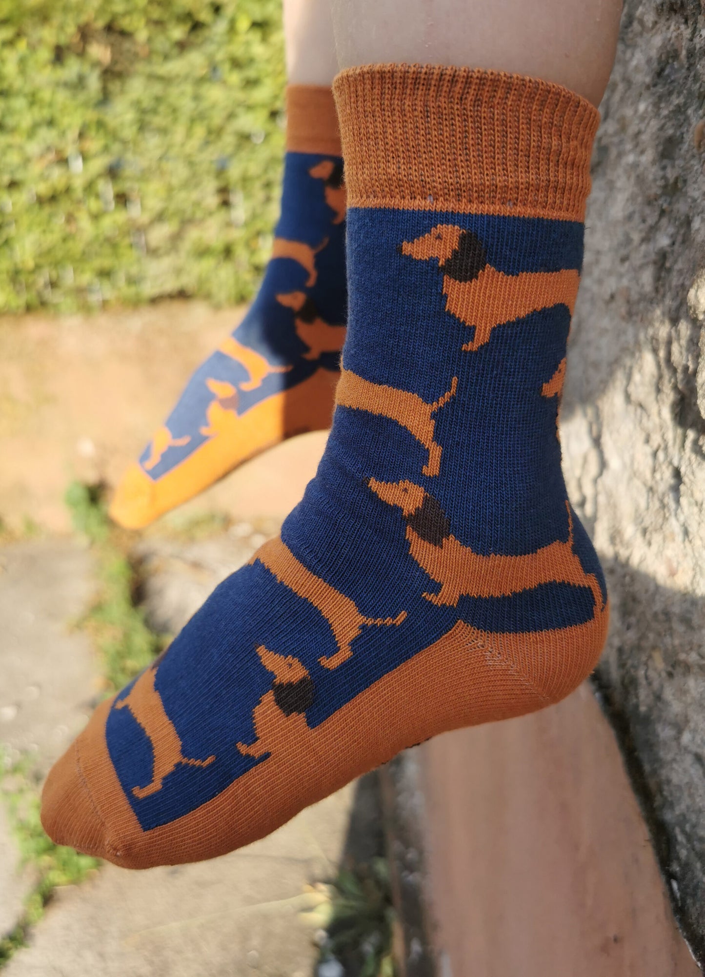  Tragefoto von den Prusselise Socken mit tollem Dackelmotiv in blau und braun. Ideal fuer Hundeliebhaber.